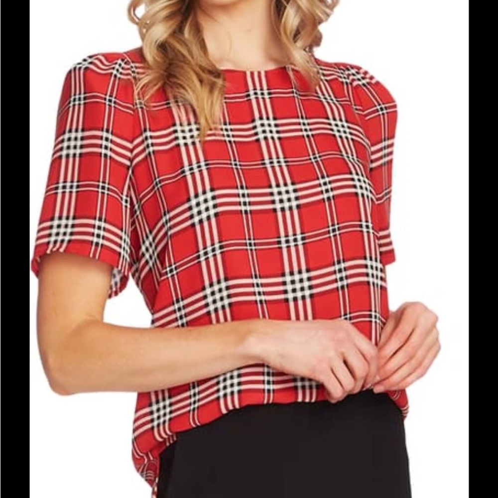 🆕 Vince Camuto 💌 Short Sleeve Shoulder Plaid Blouse Red Burnt Amber top size S - Picture 5 of 8